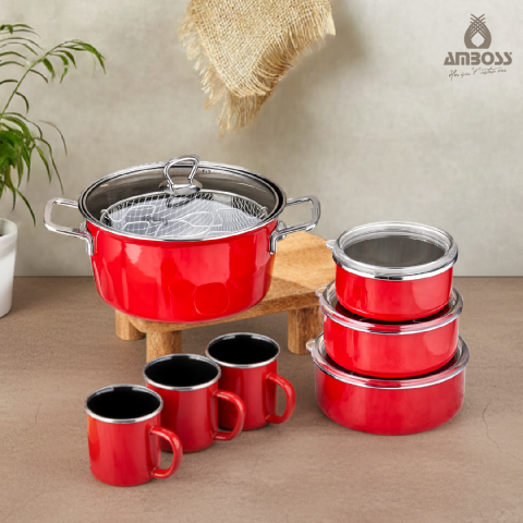 Amboss Crispella Morning 12 Parça Emaye Tencere Saklama Kabı Kupa Seti-Kırmızı