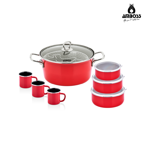 Amboss Crispella Morning 12 Parça Emaye Tencere Saklama Kabı Kupa Seti-Kırmızı