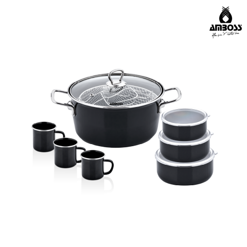 Amboss Crispella Morning 12 Parça Emaye Tencere Saklama Kabı Kupa Seti-Siyah