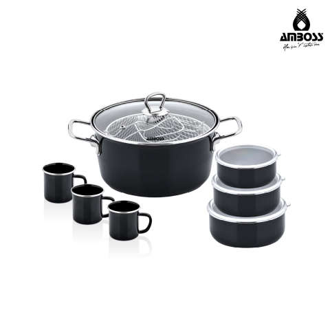 Amboss Crispella Morning 12 Parça Emaye Tencere Saklama Kabı Kupa Seti-Siyah