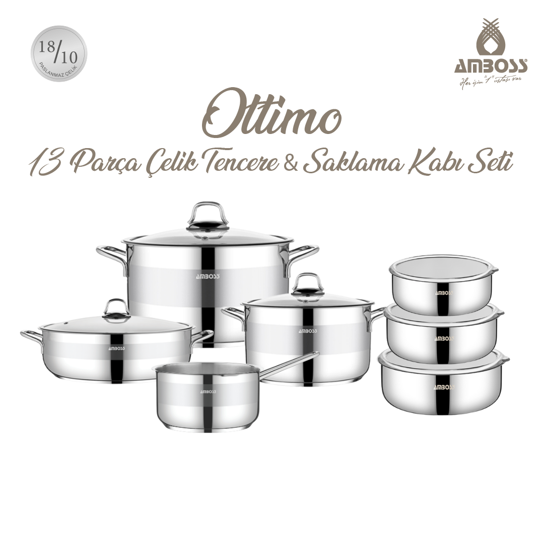 Amboss Ottimo 13 Parça Paslanmaz Çelik Tencere Saklama Kabı Seti