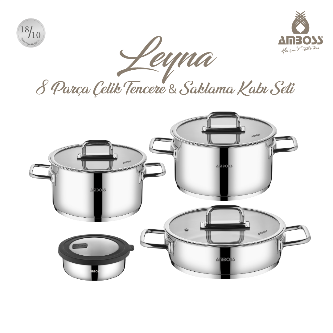 Amboss Leyna 8 Parça Paslanmaz Çelik Tencere Saklama Kabı Seti