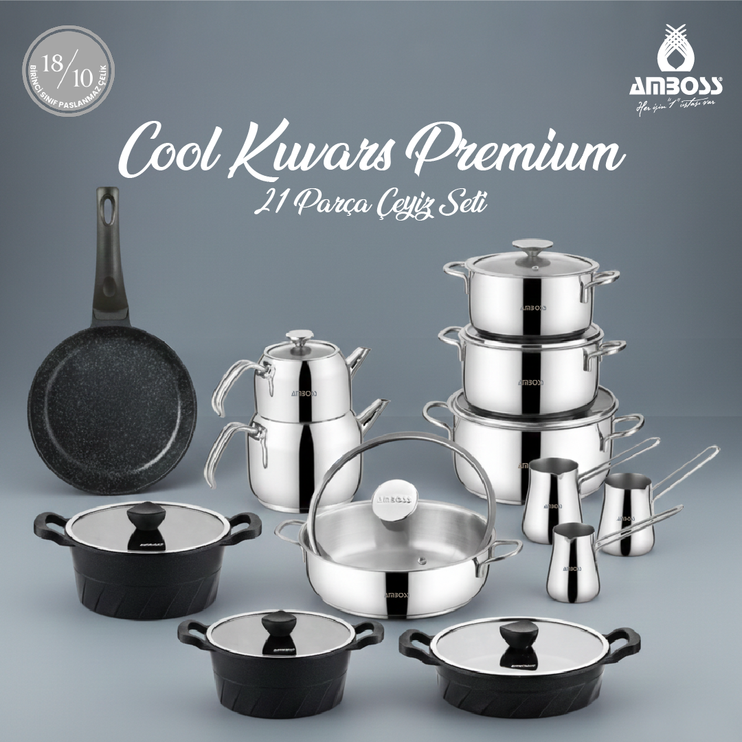 Amboss Cool Kuvars Premium 21 Parça Çeyiz Seti-Tencere Setleri