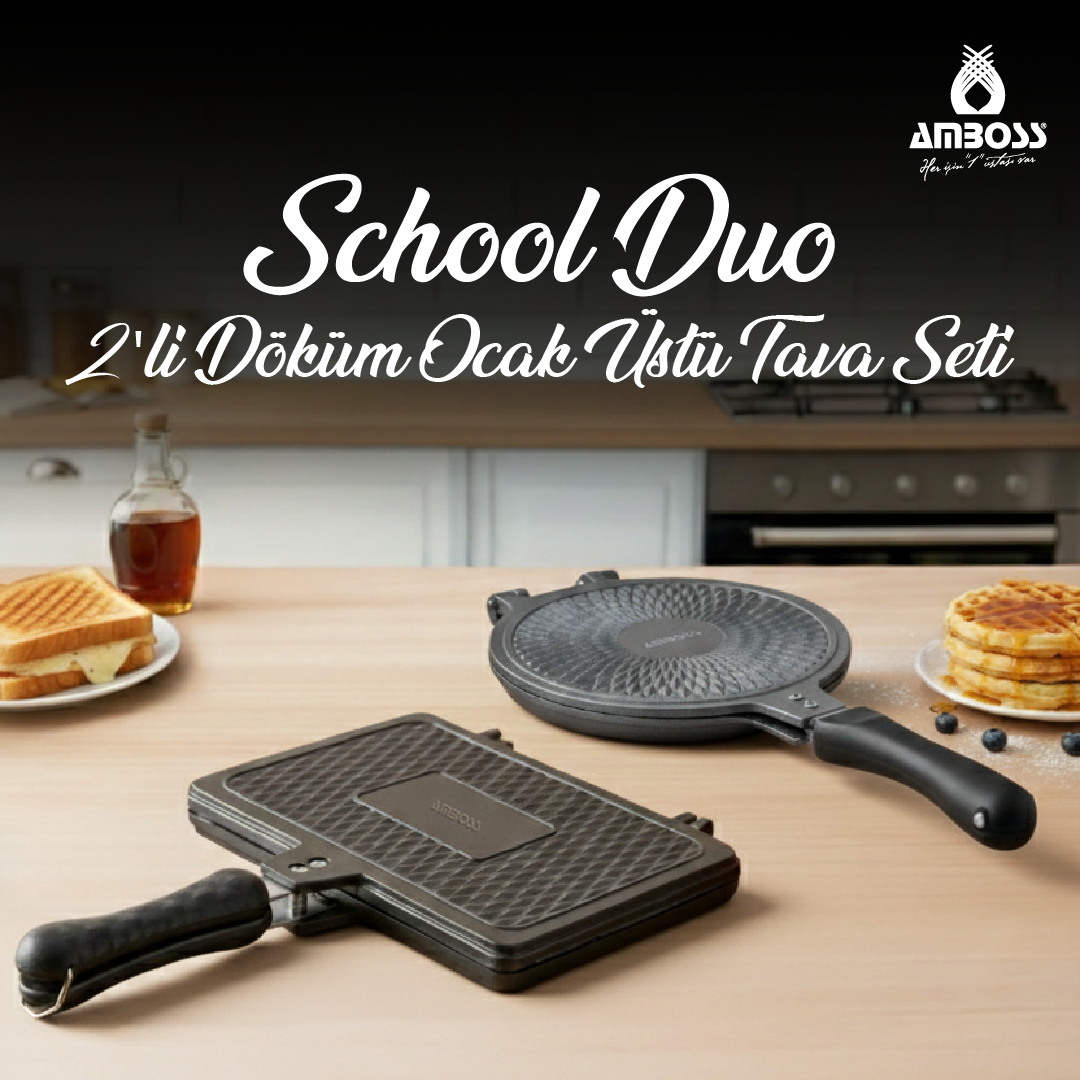 Amboss School Duo 2’li Döküm Ocak Üstü Tost Waffle Tava Seti