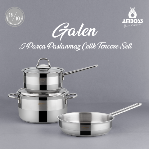 Amboss Galen 5 Parça İndüksiyon Tabanlı Çelik Tencere Tava Sütlük Seti