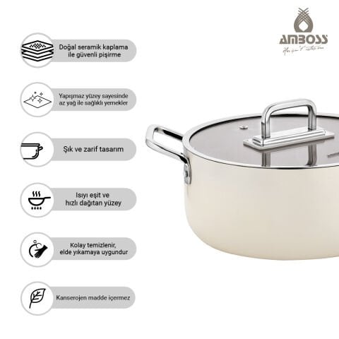 Amboss Sera Nova Doğal Seramik Derin Tencere 20 cm 2.8 Litre - Latte