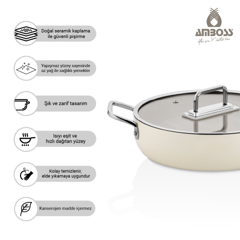 Amboss Sera Nova Doğal Seramik Basık Tencere 28 cm 3.8 Litre – Latte
