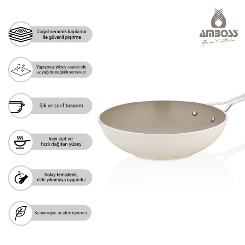 Sera Nova Doğal Seramik Wok Tava 28 cm 2.8 Litre – Latte