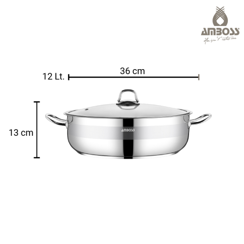 Amboss Saphire Paslanmaz Çelik 36 cm Cam Kapaklı Basık Tencere