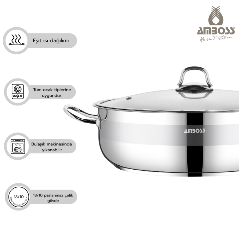 Amboss Saphire Paslanmaz Çelik 36 cm Cam Kapaklı Basık Tencere